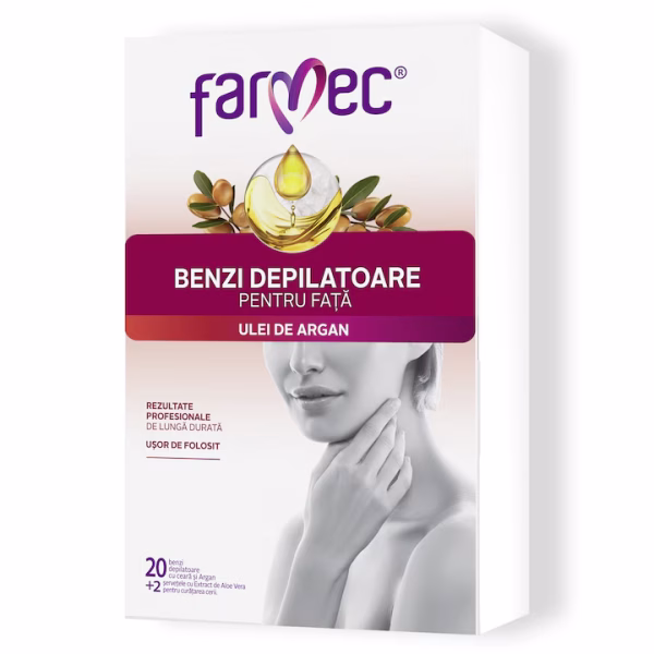 Benzi depilatoare Farmec pentru fata cu ceara alba si argan,20 benzi+2servetele